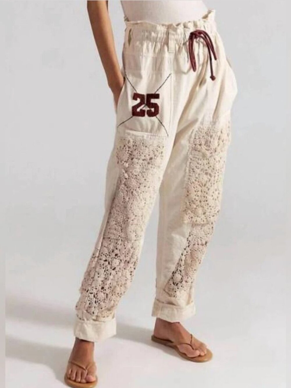 Free People NWT Paper-bag Style Handmade Crochet Lace Leg Panels Pants